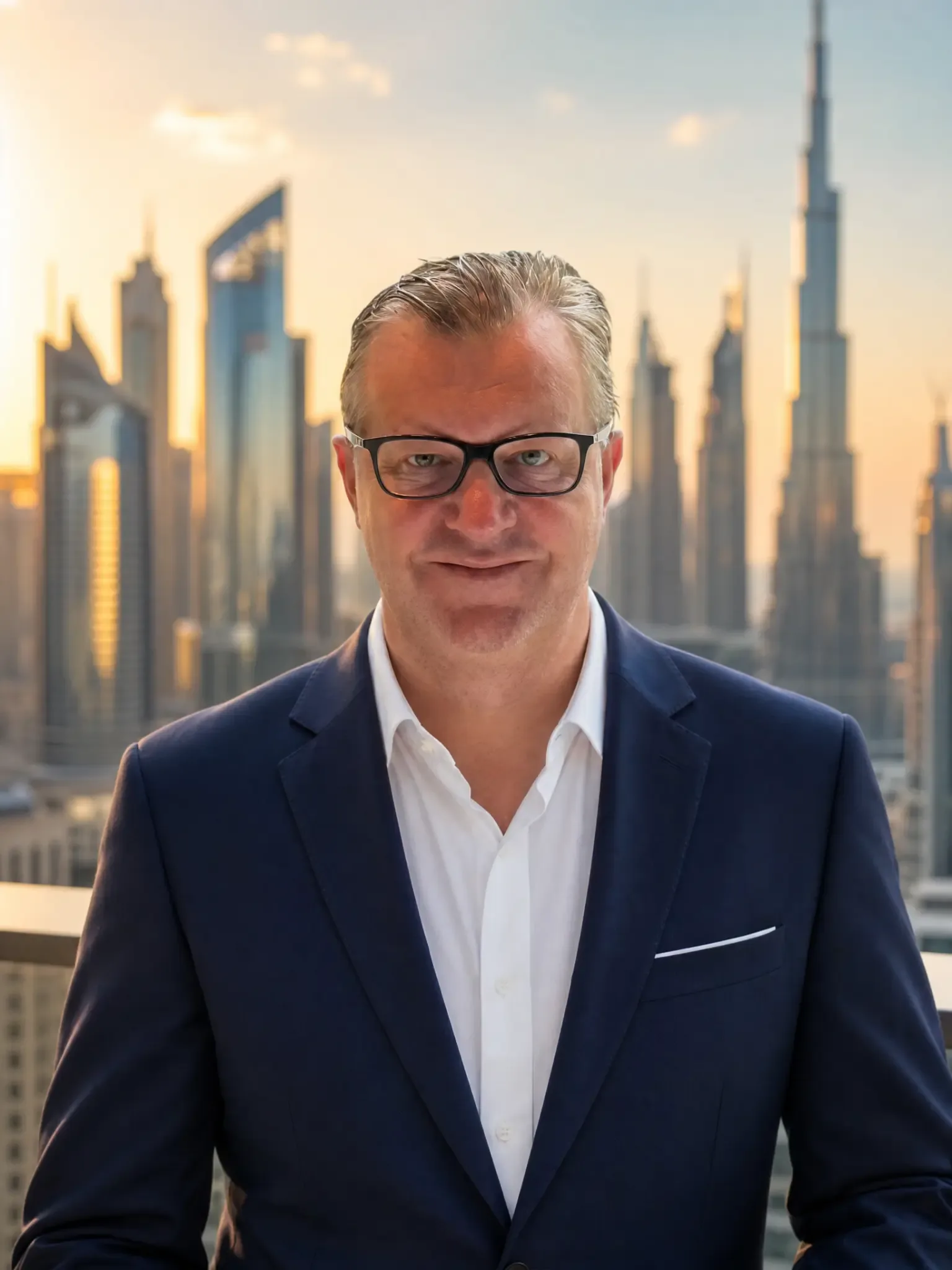 Arnd Hannecke in front of the Dubai skyline